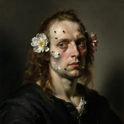 mutant man with a disturbing face flowers and insects by otto marseus van schriek rachel ruysch christian rex van minnen dutch golden age dramatic lighting chiaroscuro modern, xf iq 4, 1 5 0 mp, 5 0 mm, f 1. 4, iso 2 0 0, 1 / 1 6 0 s, natural light, adobe photoshop