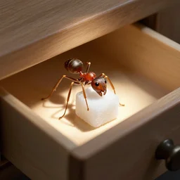 ant sitting inside a drawer eating a sugar cube in spotlight, ultra realistic,