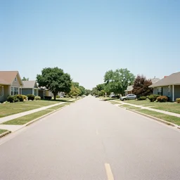 Grainy photograph of a liminal middle class American suburb, clean, empty street, broad daylight, hd, 4k, film grain, flat lighting