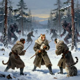 soldiers with russian cats and long woolen coats in battle with undead monsters in tundra between pine trees, digital painting by salvador dali and alphonse mucha, volumetric lighting, concept art, artstation, 8 k