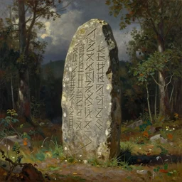 runestone, runic inscription, ancient writing, megalithic, monument, nature, trees, focused, centered, very detailed, norse, history, oil painting, Albert Bierstadt, Theodor Kittelsen, Hermann Hendrich