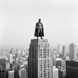 old black and white photo, 1 9 1 3, depicting batman from dark knight on top of skyscraper of new york city, rule of thirds, historical record