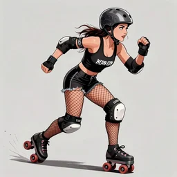 tank girl goth, roller derby girl sprinting Cross-Over, wearing skate helmet, knee pads, elbow pads,full length portrait, fishnet tights, torn, ripped, fists in the air, illustration by greg rutkowski
