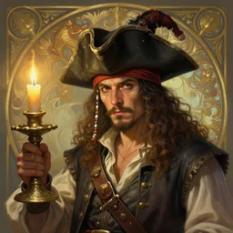 a mind - blowing portrait of a fortune seeker male, holding a candle holder, wearing a silly hat, pirate clothes, intelligent, deep focus, d & d, fantasy, intricate, elegant, highly detailed, digital painting, artstation, concept art, matte, sharp, illustration, hearthstone, art by artgerm and greg rutkowski and alphonse mucha