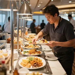 satan filling plates of food from the buffet on a cruise liner