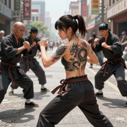 Digital anime art by WLOP and Mobius, Downtown street, midday, young woman martial artist, mostly bare back, wearing pants, wearing clothes, tattoo of large dragon, preparing to fight, multiple yakuza opponents, highly detailed, realistic day lighting