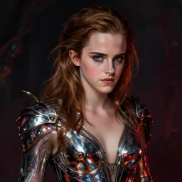 emma watson portrait, chrome, reflect, fantasy atmospheric lighting, painted, voluptuous, menacing, intricate, volumetric lighting, beautiful, rich deep colours masterpiece, sharp focus, ultra detailed