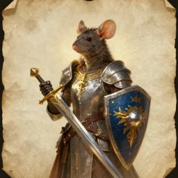 very detailed, epic fantasy concept art, on a parchment background, greg rutowski and jean baptiste monge, detailed, a heroic mouse knight with sword and shield
