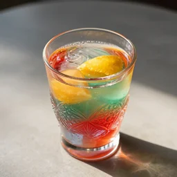 colorful drink in intricately shaped glass, bright evening sunlight lighting, overhead view.