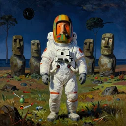easter island astronaut in taiga landscape by Max Ernst and René Magritte and Yves Tanguy, surrealism, german romanticism style, oil on canvas, cinematic lighting, vibrant, concept art, gothic, contrasting, nightscape