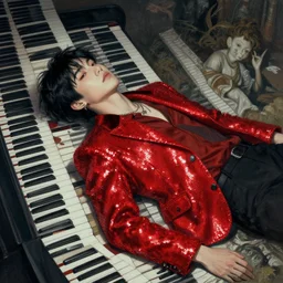 harmony neon red sequin jacket, ( black haired yoongi laying on top of piano pattern ) by wlop, james jean, victo ngai, muted colors, highly detailed, fantasy art by craig mullins, thomas kinkade