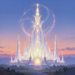 “ a landscape painting in the style of noriyoshi ohrai of a holy tower, it is a glowing fortress and has iridescent mana radiating from it into the aether. it is centered. the background is the sky at dawn. retrofuturistic fantasy ”