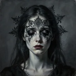 dramatic portrait painting of sad woman with black mandelbrot fractal instead of face, in style of zdzisław beksinski, horror, body horror, dark, disturbing,