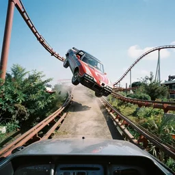a 1 9 6 6 pontiac gto jumping over shivering timbers rollercoaster, first - person perspective, fujifilm quicksnap 4 0 0 photography