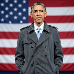 a highly detailed photograph of barak obama wearing a trench coat, standing in front of an american flag