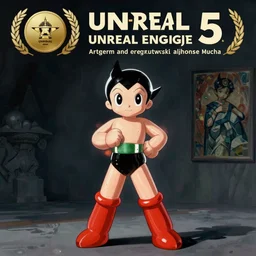 wide angle portrait of Astroboy, heroic pose, mid-shot, shadowy area, dramatic lighting, award winning, concept art, digital painting, Unreal Engine 5, 8K, art by artgerm and greg rutkowski and alphonse mucha