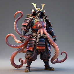 full body frontview portrait of powerful samurai in octopus armour, character, designed in blender, 4 k hd, octane render, intricate and highly detailed, coloured with lots of colour, cinematic, posing