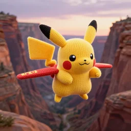 knitted pikachu fighterjet flying through canyon at dusk