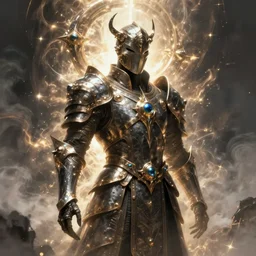 a medieval sci fi portrait of a shadow mage with massive metal ornaments protruding from armor, majestic and futuristic, cinematic lighting, high detail, futuristic medieval, ornate metal, unreal engine, octane render, art by vitaly bulgarov artstation, destiny concept art, smoke volumes, glowing aura, post processing, cgsociety
