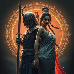 a warrior and a woman wearing sari : 6 character design : 2 midnight, illusion, stunning, breathtaking, majestic, asian fantasy, digital render, line art, unreal engine, de - noise, 8 k, volumetric lighting, symmetrical, pronounced features, detailed contrast, scattered mist, glow 3 d alejandro alvarez alena aenami
