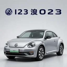 Advertisement banner of the new electric Volkswagen Beetle 2023, with led lights, silver chrome color, minimalist lines, gullwing side doors open, wooden interior, retro futuristic style, 4k,professional photograph, award winning advertising, creative