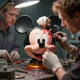 mickey mouse bloody head being repaired by mechanics, made by beeple, greg rutkowski, alphonse mucha. cgsociety, unreal engine, octane render, highly detailed 4 k art, smooth, sharp focus, cinematic lighting, volumetric lighting, artstation,