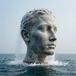 a giant water sculpture of a human head on the ocean water, cinematic, in the style of chad knight, long shot, hyper detailed, hyper realistic, ray tracing, 8 k resolution, sharp focus, realistic water, award winning