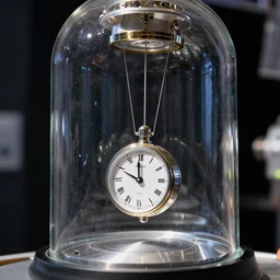 photo of a torsion pendulum clock in its glass dome floating inside the iss. highly - detailed, sharp focus, award - winning