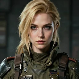 An old dieselpunk woman in military fatigues || VERY VERY ANIME!!!, fine-face, blonde hair, realistic shaded Perfect face, fine details. Anime. realistic shaded lighting poster by Ilya Kuvshinov katsuhiro otomo ghost-in-the-shell, magali villeneuve, artgerm, Jeremy Lipkin and Michael Garmash and Rob Rey