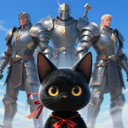 close up picture of a cute black hair cat girl with ribbons and cool big giants colossus knight companions with her, crossing the blue horizon, beautiful and aesthetic, highly detailed face, intricate, smooth, sharp focus, trending on artstation, art by ilya kuvshinov and anato finnstark and rembrandt and quentin mabille, fantasy illustration, epic graphic novel wallpaper
