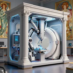 futuristic robotic neoclassical computer case cybernetic symbiosis thick bifurcated robotic cnc surgical hybrid mri 3 d printer machine making a biolab, sci - fi, highly detailed, vibrant colors, digital, artstation, concept art, unreal render, nasa, sharp focus, illustration, art by greg rutkowski and artgerm and alphonse mucha,