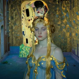 close up of a girl in a blue and gold haunted liminal abandoned room, film still by edward hopper, by Pontormo, by klimt, by dante gabriel rossetti, pre-raphaelite. art noveau, art noveau, highly detailed, strong lights, liminal, eerie, Bright pastel colors