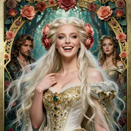 new art nouveau closeup portrait of fantasy flower vargas princess smiling seductive emilia clarke wearing a royal dress in an magic forest, anna dittmann, pale skin, patrick nagle!!!, glamorous pose, charlie bowater and loish. long windblown platinum blonde hair, ultrasharp focus, dramatic lighting, rose arches, octane, matte painting, intricate, d & d, poster