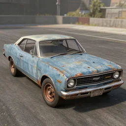 A screenshot of a rusty, worn out, broken down, decrepit, run down, dingy, faded, chipped paint, tattered, beater 1976 Denim Blue Dodge Aspen in FlatOut 2, derby game mode