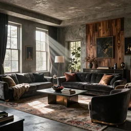 a tastefully decorated living room with dark luxurious furnishings, and a mix of antique and modern furniture, and a mix of concrete and wood finishes, rays of sunlight streaming in through the windows