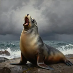 crazy screaming sea lion, painting by louis wain, high resolution
