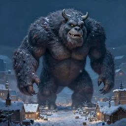 a giant monster in a snowy town at night, realistic painting, high definition, digital art, matte painting, very detailed, realistic