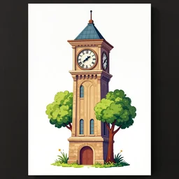 A colorful, detailed print - An old-fashioned clock tower with a tree growing out of the base and with ivy creeping up the side. by Arnold Bocklin and Barclay Shaw, masterful print. 4k, unreal engine stunning Art Nouveau