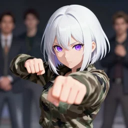 black anime manga girl, throwing punch pose, french bob hair, white hair, wearing camo, purple eyes, by artgerm, james jean, tom bagshaw, gerald brom, vaporwave colors, lofi colors, vaporwave, lofi, goth vibe, 4 k, smooth, hd, substance designer render, full body character concept art, symmetrical, 2 point lighting,