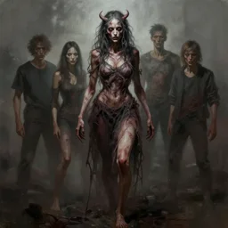 digital painting of full body of a criminally insane young woman possessed by demons, unkempt, wrinkled, gaunt, deep lines and shadows, highly disturbing, by artgerm, tooth wu, dan mumford, beeple, wlop, rossdraws, james jean, marc simonetti, artstation
