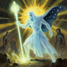 painting of an ghost spirit warrior soldier with a glowing staff striking the ground, cape of stars, sunbeams, by peter mohrbacher, john avon, dan mumford, craig mullins nekro, volumettic light, cgsociety, pixiv, 3 d render