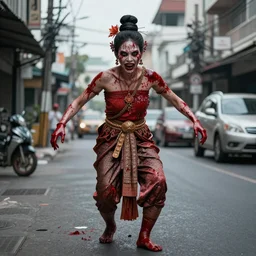 Horror antagonist wearing traditional Thai dancer clothing, covered in blood, stalking the streets of Bangkok, concept art, artstation