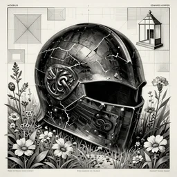 black broken armor and helmet laying in wild flowers, monumental illustration by moebius and hajime sorayama and edward hopper, illusion surreal art, highly conceptual figurative art, intricate detailed illustration, controversial poster art, polish poster art 1 9 8 0, geometrical drawings, no blur