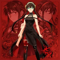 yor forger from spy x family with brown hair and green eyes, wearing a camisole and boots, red and black color palette, in the style of and ilya kuvshinov and greg rutkowski, high quality anime artstyle, intricate