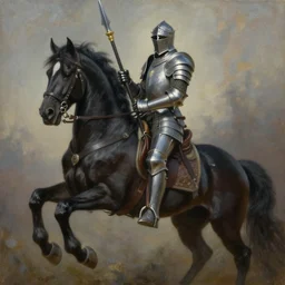 painting of a dnd paladin in full armor holding a lance riding a black warhorse. by daniel f. gerhartz, hyperrealistic oil painting, 4 k, very detailed faces, masterpiece, studio lightning