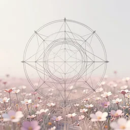 minimalist 3 d world, low polygon, sacred geometry, line work, flowers, field of dreams, unreal engine, dreamy, bokeh