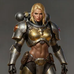 very muscled Amazon blonde SPACE MARINE as a ruggedly mean looking heroine, intricate, elegant, highly detailed, centered, digital painting, artstation, concept art, smooth, sharp focus, illustration, art by artgerm and donato giancola and Joseph Christian Leyendecker, WLOP