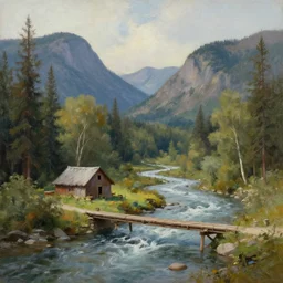 a shack in the woods near a river, there is a bridge on river, two mountains in background, rivers flows from between mountains, realistic, oil painting, octane render