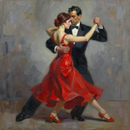 emotional tango dancerin in red dress, painting by phil hale, fransico goya,'action lines '!!!, graphic style, visible brushstrokes, motion blur, blurry, visible paint texture, crisp hd image