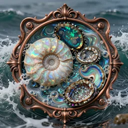 art nouveau cresting oil slick waves, hyperdetailed bubbles in a shiny iridescent oil slick wave, ammolite, detailed giant opalized ammonite shell, black opal, abalone, paua shell, ornate copper patina medieval ornament, rococo, organic rippling spirals, octane render, druzy geode, cresting waves seafoam